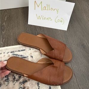 Franco Sarto Brown Leather Cross-Band Slide Sandals